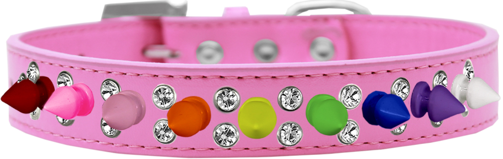 Double Crystal with Rainbow Spikes Dog Collar Bright Pink Size 20